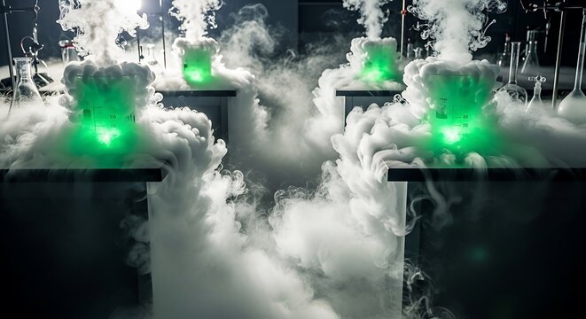 A chemistry lab experiences a sudden fire with green glowing containers on tables surrounded by smoke and steam.