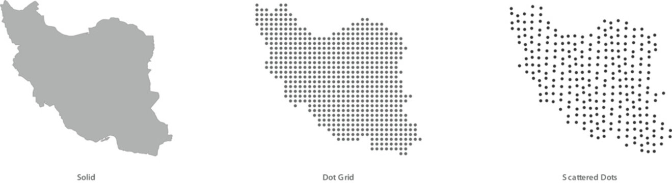 Set of iran map shapes in solid, dot grid, and scattered dots styles vector illustration
