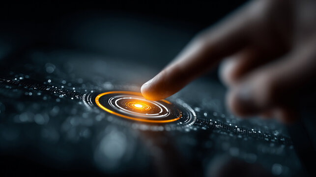 Futuristic digital interface with glowing touchpoint and data visualization in dark setting