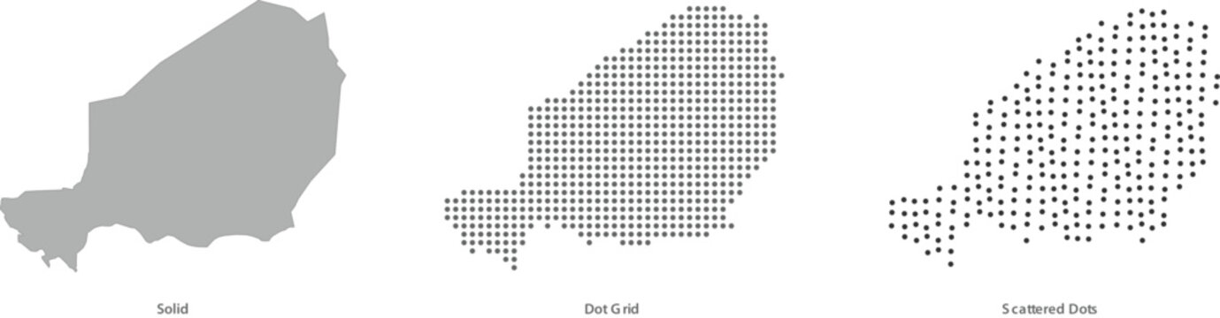 Map of niger in three different styles solid, dot grid, and scattered dots vector illustration