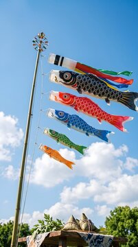 Colorful koi fish flags flying high near festive leaf wrapped dumplings