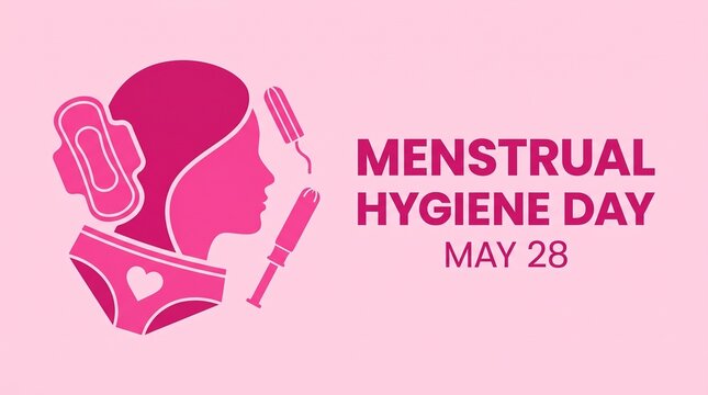 Menstrual Hygiene Day banner for May 28, pink feminine health awareness concept, woman profile with sanitary pad and tampon icons