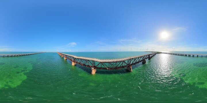 Aerial 360 8k static video Bahia Honda railroad bridge ruin