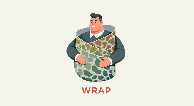 Happy Man Wrapped in Various Camouflage Patterns