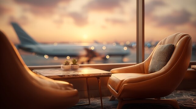 Premium airport VIP lounge interior featuring leather armchairs and scenic golden sunset flight view