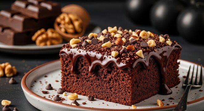Decadent chocolate cake slice topped with nuts and chocolate chips on a plate