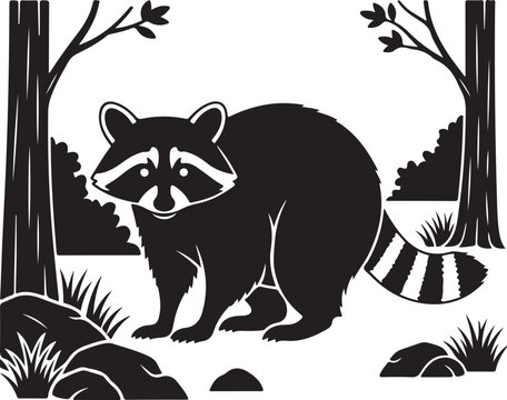 Raccoon silhouette in forest with trees and rocks, Generative Ai