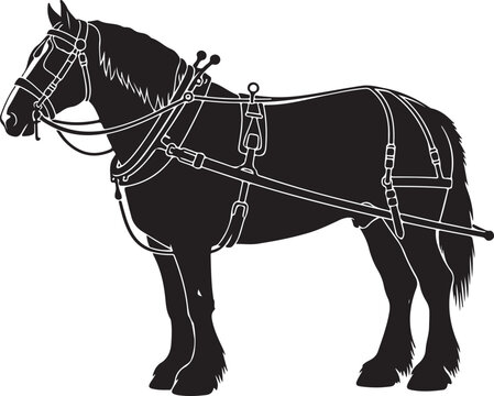 Silhouette of a horse in harness and yoke silhouette, Generative Ai