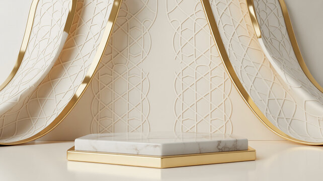Marble podium on a gold base with draped fabric and geometric background