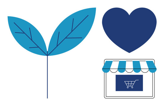 Sustainability, environmental care, online shopping, eco-commerce, green business, ethical consumerism. Blue heart, storefront icon with a cart and a green leaf graphic. Sustainability