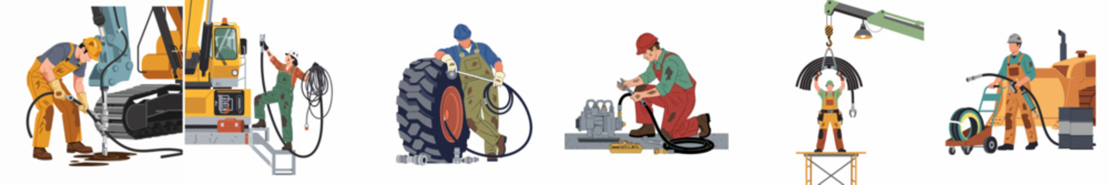 Collection of flat vector illustrations depicting industrial workers and technicians performing maintenance and repairs on hydraulic systems and heavy machinery.
