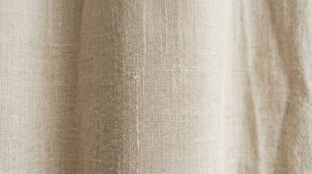 A beige curtain with a subtle texture and a slight crease, hanging in a window with a neutral background.