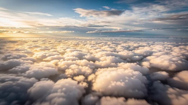 breathtaking aerial view of clouds during golden hour with sun rays breaking through