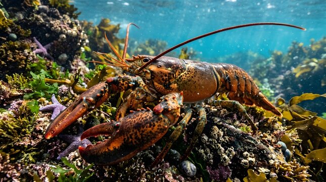 A large lobster sits on a rocky ocean floor surrounded by seaweed and coral.