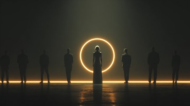 Seven people standing in a line with one person highlighted by a golden glow, symbolizing selection, leadership, uniqueness, opportunity, decision making, and success in a group setting