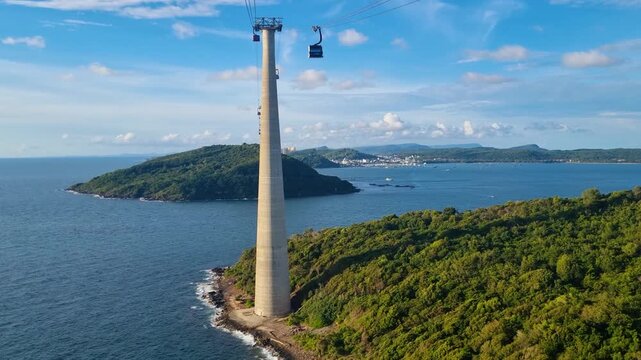 Ride on the H&ograve;n Thơm cable car on Ph&uacute; Quốc Island, Vietnam, gliding above turquoise waters and tropical scenery on a sunny day in paradise, capturing a scenic travel experience over the landscape