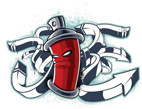 Urban graffiti artwork featuring red spray paint can mascot with wildstyle arrows