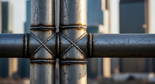 Close-up of Industrial Welded Metal Pipe Joints on Urban Construction Site