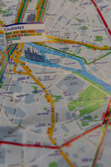 Obraz premium Route planning on a map showing Chatelet area in Paris for travel