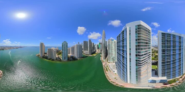 Aerial 360 VR rise Downtown Miami River 2026
