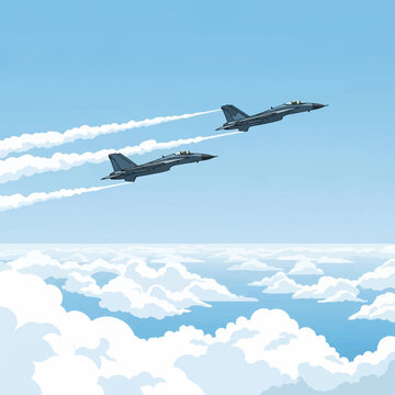 Flat vector illustration of two grey fighter jets flying in formation over a dense layer of white clouds in a clear blue sky, featuring long white contrails from their engines.