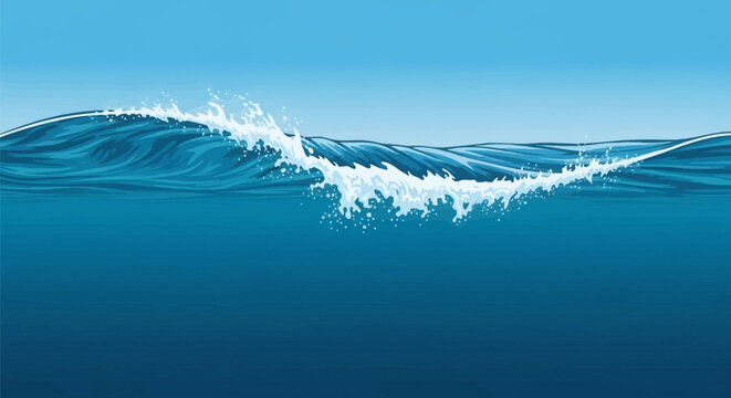 Vector illustration of a blue ocean wave breaking with white foam and water spray, featuring a cross-section view of the deep sea underwater and a clear blue sky background.