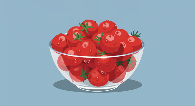 Flat vector graphic showing a transparent glass bowl overflowing with fresh ripe red cherry tomatoes covered in water droplets and green sepals on a blue background.