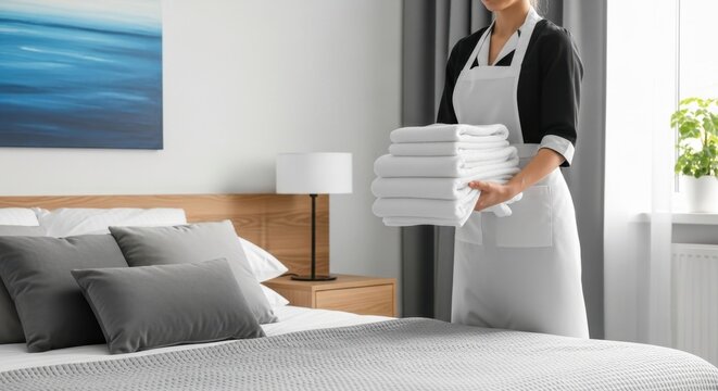 Hotel staff member in uniform holding a stack of neatly folded white towels in a clean bedroom