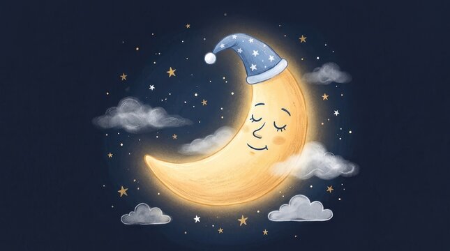 A cute cartoon crescent moon with a blue star hat, sleeping face, and a smiley face on its face, floating in a starry night sky with clouds and stars.