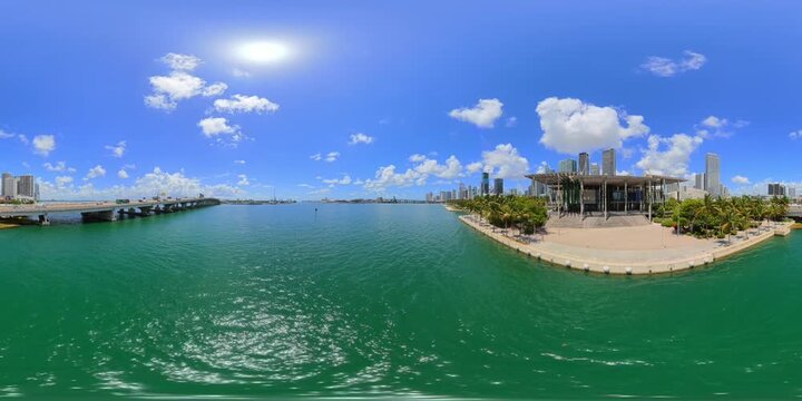 Aerial 360 VR tour Downtown Miami waterfront park scene 2026