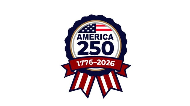 Patriotic America 250 anniversary badge animation featuring USA flag colors, ribbon emblem, and 1776&ndash;2026 celebration theme. Perfect for national events, independence campaigns