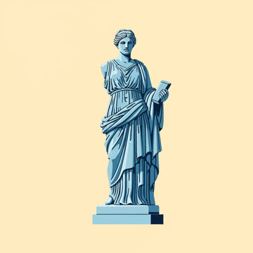 Blue vector illustration of a classical Greek goddess statue wearing a draped chiton garment, holding a tablet or book while standing on a pedestal, isolated on a cream background.