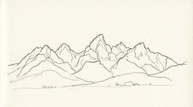A mountain range with snow-capped peaks, rocky terrain, and a clear sky in the background.