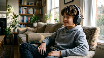 Fototapeta premium Young boy relaxing at home listening to music with headphones