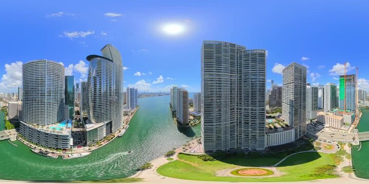 Aerial flight out of the Miami River 2026 360 VR footage