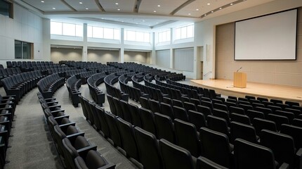Fototapeta premium A large, empty auditorium features rows of black chairs arranged in a semi-circular pattern. A stage with a podium and a projection screen is positioned at the end of the room.