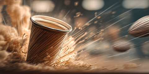 Fototapeta premium Exploding coffee cup with dynamic splash of liquid and abstract elements.
