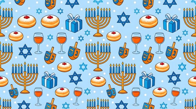 Hanukkah celebration pattern with menorahs sufganiyot dreidels and gifts on blue background
