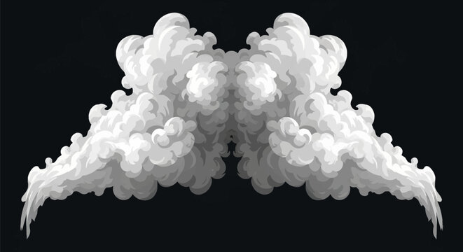 Symmetrical white stylized clouds or smoke plumes isolated on a black background. Highly detailed vector illustration featuring cel-shaded billowy shapes and organic puffed textures.