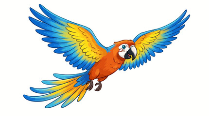 Fototapeta premium Colorful macaw parrot in mid flight with vibrant blue and yellow wings spread wide