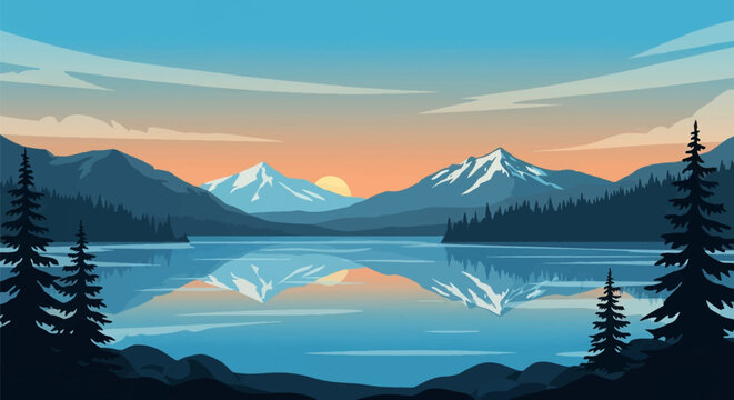 Flat vector illustration of a mountain lake at sunset featuring snow-capped peaks reflected in calm water, surrounded by coniferous forest silhouettes under a clear sky.