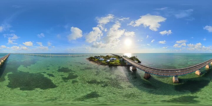 Beautiful 8k 360 aerial tour over Pigeon Key old 7 mile bridge Florida Keys