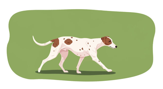 Side profile vector illustration of a white and brown spotted lurcher dog walking on a green patch, featuring a lean athletic body and long legs of a sighthound crossbreed animal.