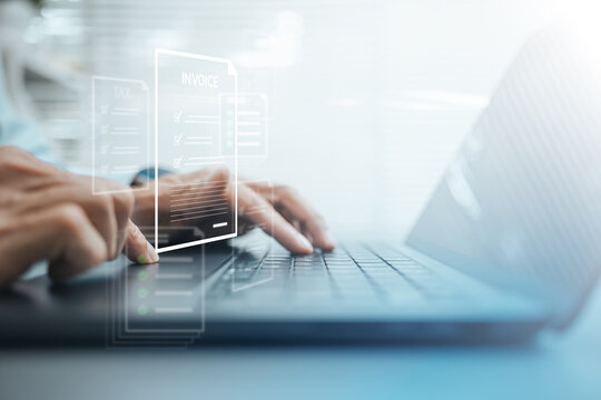 Digital tax and accounting document management concept with invoices, receipts, bookkeeping, and financial reporting on laptop.