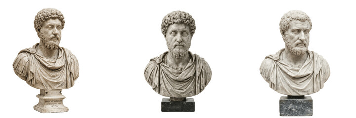 Fototapeta premium A Set of Ancient Roman Marble Bust Statues Isolated on White Background Historical Sculpture Art Museum Collection PNG for Classical Culture Design Resources