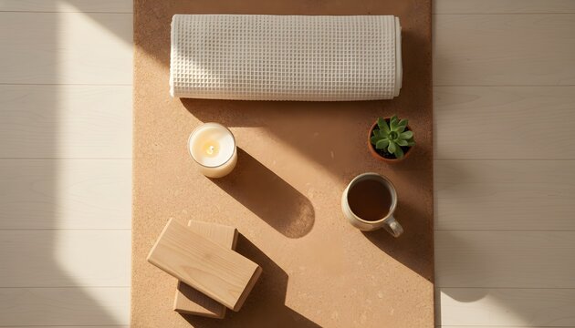 Cozy indoor yoga setup flat lay