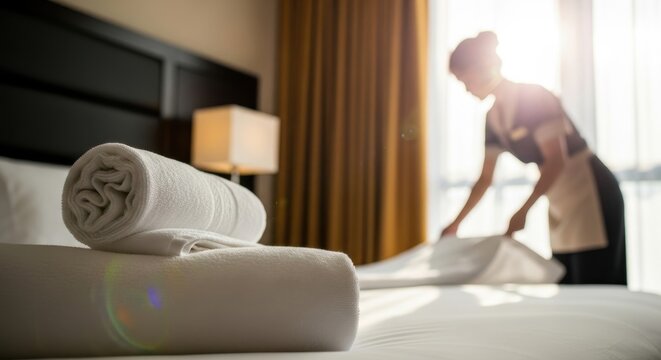 Hotel Maid Arranging Bed Linens in a Sunlit Guest Room