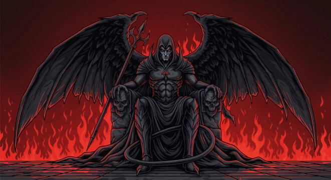 Vector illustration of a hooded demonic entity with massive black wings sitting on a stone throne decorated with skulls, surrounded by hellfire and holding a sharp trident.