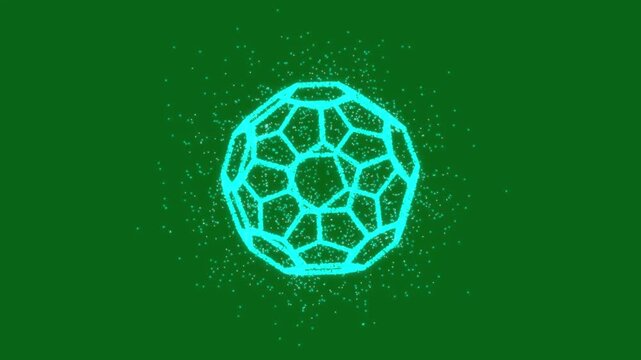 3D rotating glass atom array buckyball animation with alpha channel is looping particle. Rotating spinning energy ball Bucky pattern, glowing particles and light dots on green background. 4k animation