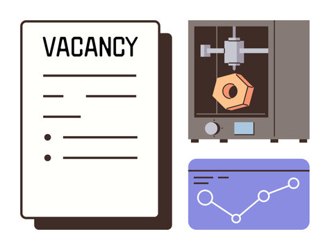 Recruitment, job market, technology integration, business analytics, additive manufacturing, data visualization. A vacancy form, 3D printer and graph. Recruitment and technology integration concept